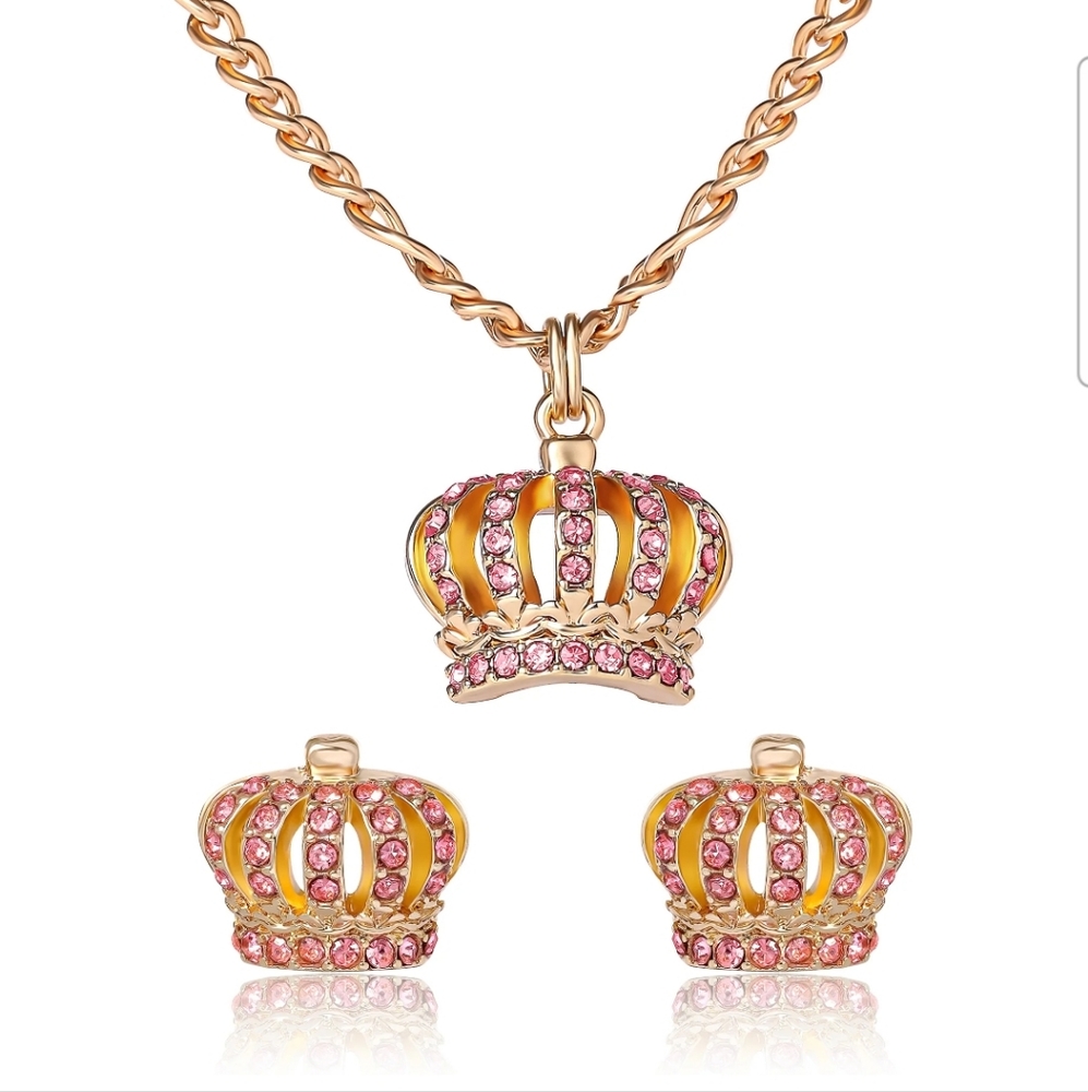 Juicy Couture Gold and Pink Crown Necklace & Earrings Set